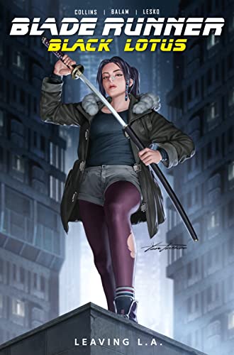 Book cover: woman with katana stands on a rooftop in a city.