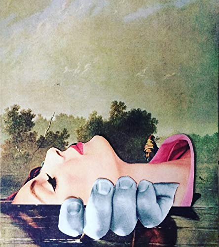 Surreal album cover featuring a woman’s face and a large blue hand.