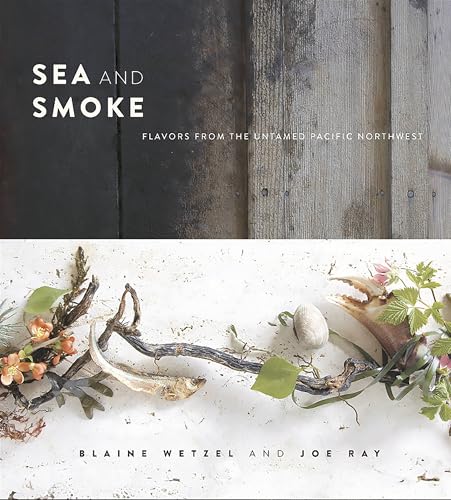Cookbook cover with text “Sea and Smoke” and coastal plant arrangement.