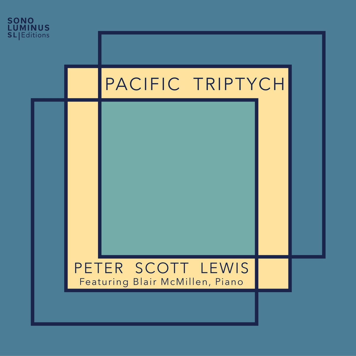 Album cover with text Pacific Triptych and Peter Scott Lewis over overlapping geometric squares.