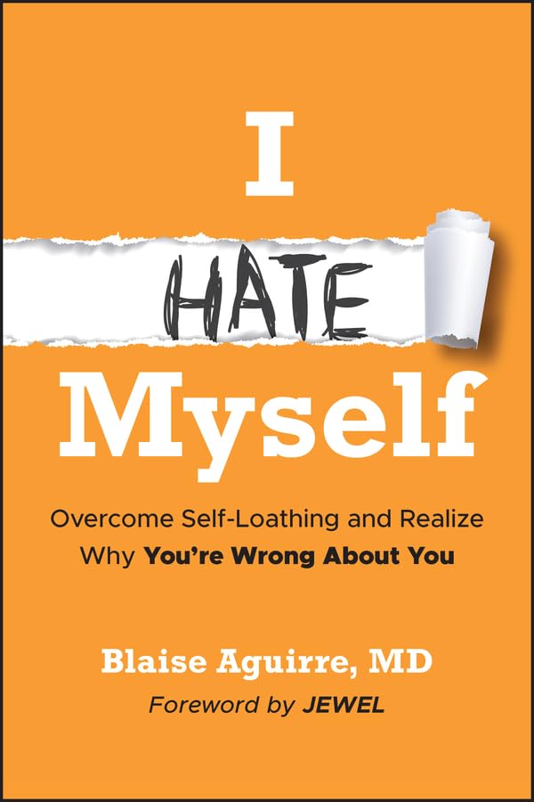 Book cover with orange background, torn paper effect, and title I Hate Myself.