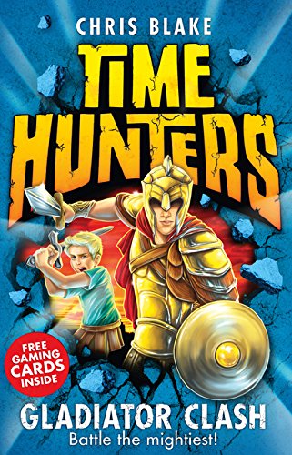 Book cover: boy and gladiator with sword and shield, dramatic sky.
