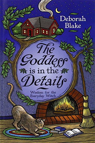 Book cover with cottage, cat, fireplace, and broom; title “The Goddess is in the Details.”