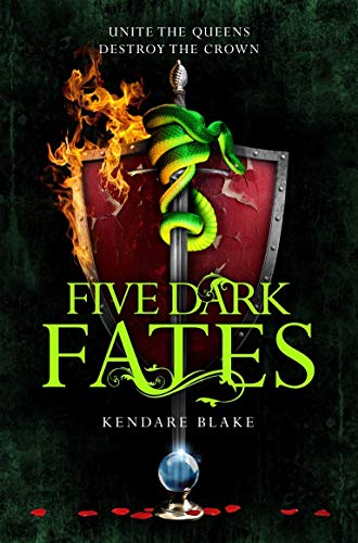 Book cover: shield with snake and flames, title “Five Dark Fates.”