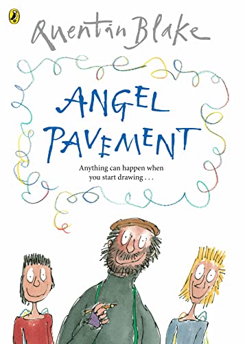 Book cover: "Angel Pavement" with sketched figures and colorful swirls.