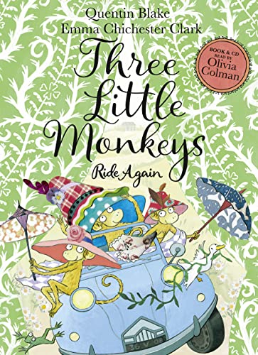 Book cover: “Three Little Monkeys Ride Again” with monkeys in a blue car.