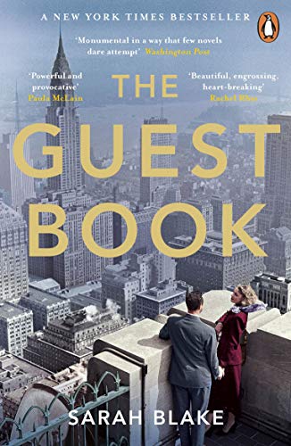 Book cover with title “The Guest Book” and a couple overlooking a city.