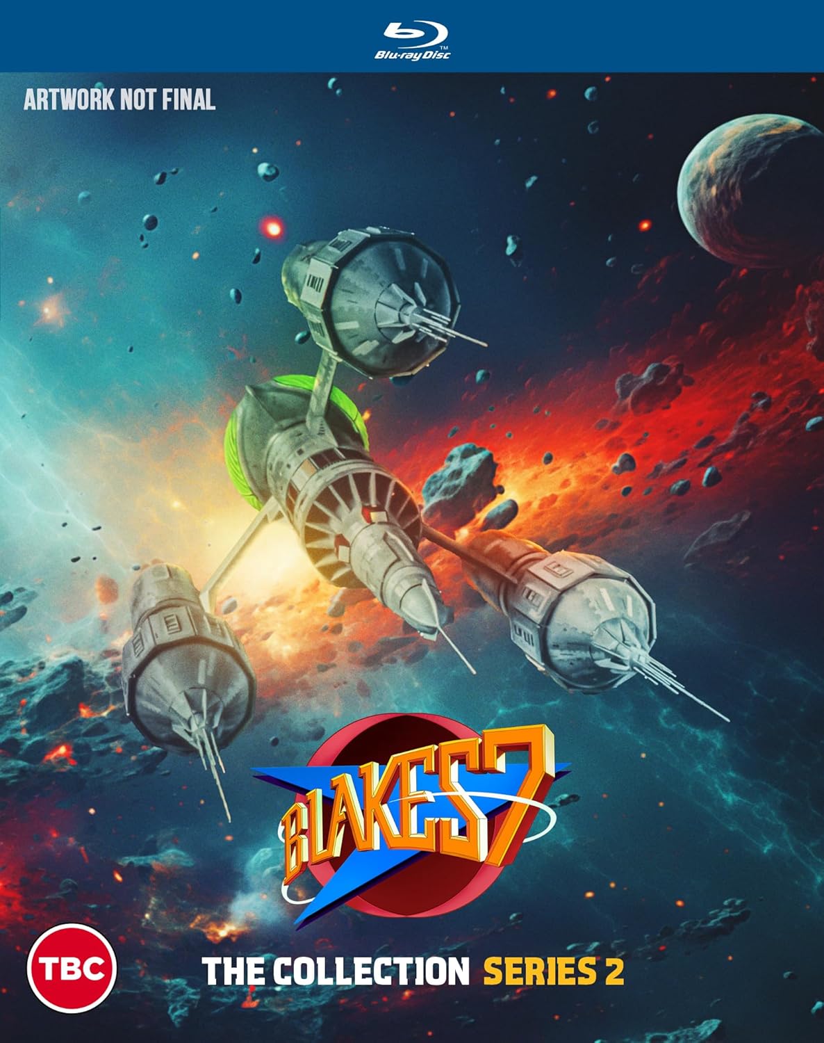 Blu-ray cover for "Blake's 7" featuring a spaceship in space.