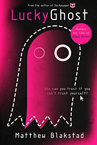 Book cover: pink ghost shape with white dotted outline, dark background.