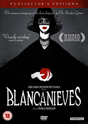 DVD cover for Blancanieves featuring a woman in black holding a red apple.