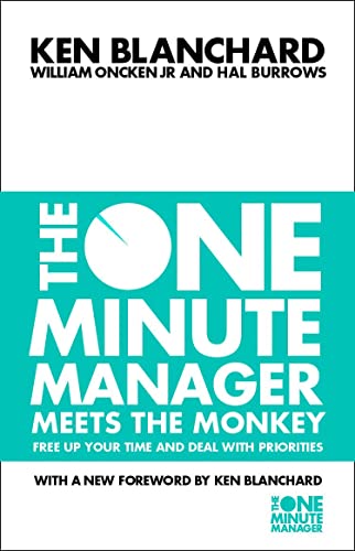 Book cover: "The One Minute Manager Meets the Monkey" with a turquoise background.