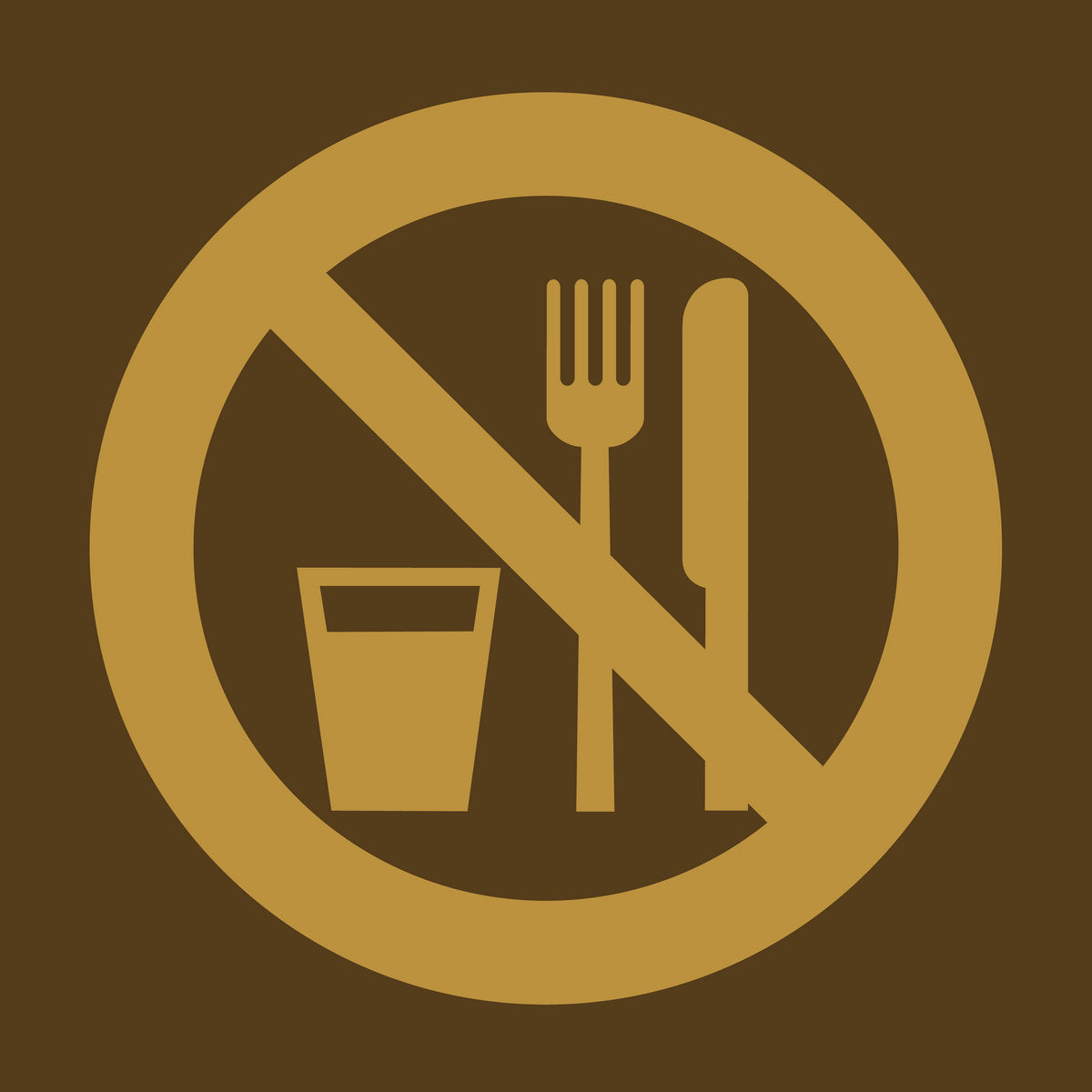 Golden circle with a crossed-out fork, knife, and glass.