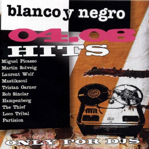 "CD cover with gramophone and torn paper, titled 'blanco y negro HITS 04.08'."