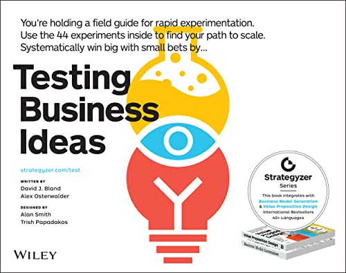 Book cover with red lightbulb containing an eye, titled "Testing Business Ideas.