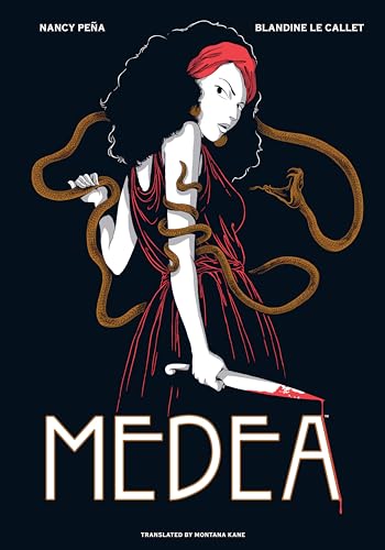 Book cover for "Medea" featuring a woman with snakes and a knife.