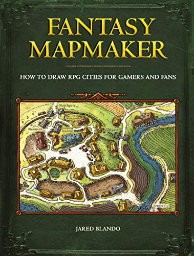 Book cover for Fantasy Mapmaker featuring a hand-drawn fantasy town map on a green background.