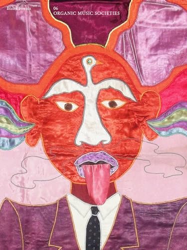 Fabric art depicting a red face with a protruding tongue and large eyes.
