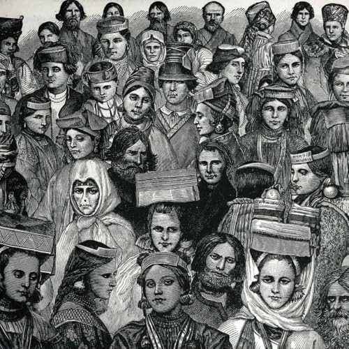 Engraving of a crowd of people in traditional clothing.