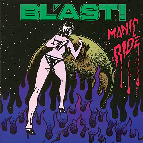 Vinyl album cover: woman with knife before a fiery Earth.