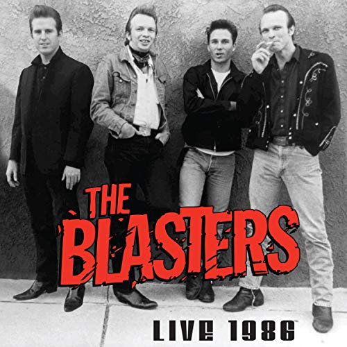 Black and white photo of four men, band “The Blasters,” with album title.