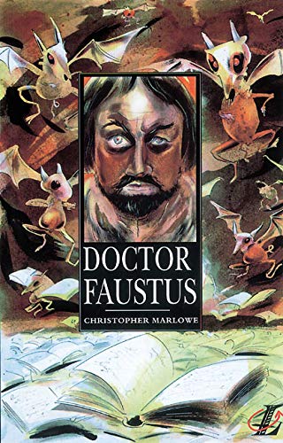 Book cover for “Doctor Faustus” with a portrait and demonic figures.