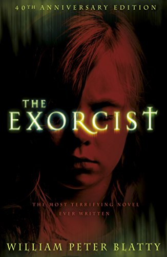 Book cover of "The Exorcist" featuring a shadowed girl's face with glowing eyes.