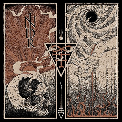 Dark album art with skull, hand, triangle, and swirling patterns.