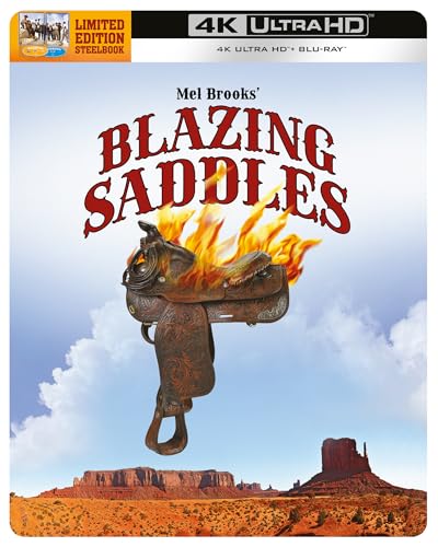 “Blazing Saddles” Steelbook cover with a flaming saddle and desert landscape.