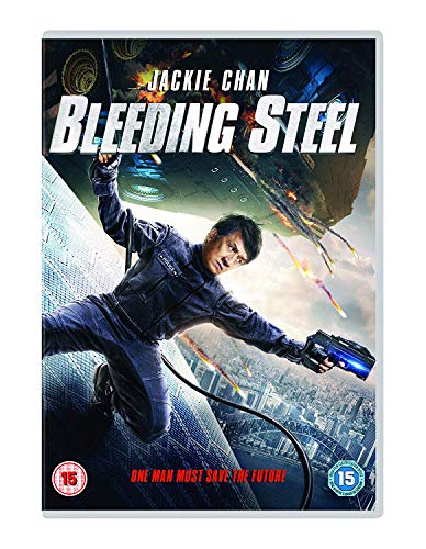 Jackie Chan rappels down a building on the Bleeding Steel DVD cover.