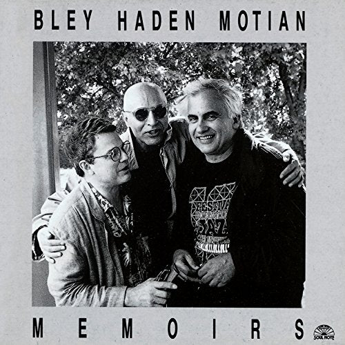 Black and white album cover featuring three men in a group portrait.