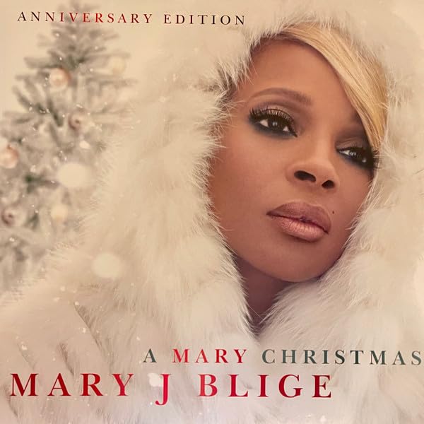 Mary J. Blige album cover, close-up portrait with snowy background.