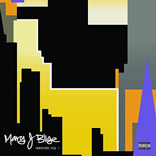 Album cover for Mary J. Blige’s “Herstory. Volume 1” with abstract yellow and black design.