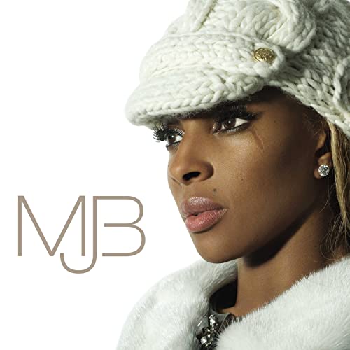 Mary J. Blige in a white knit cap, profile view, with initials "MJB".