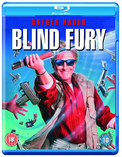"Blu-ray case with Rutger Hauer holding a cane, guns, and a severed hand."
