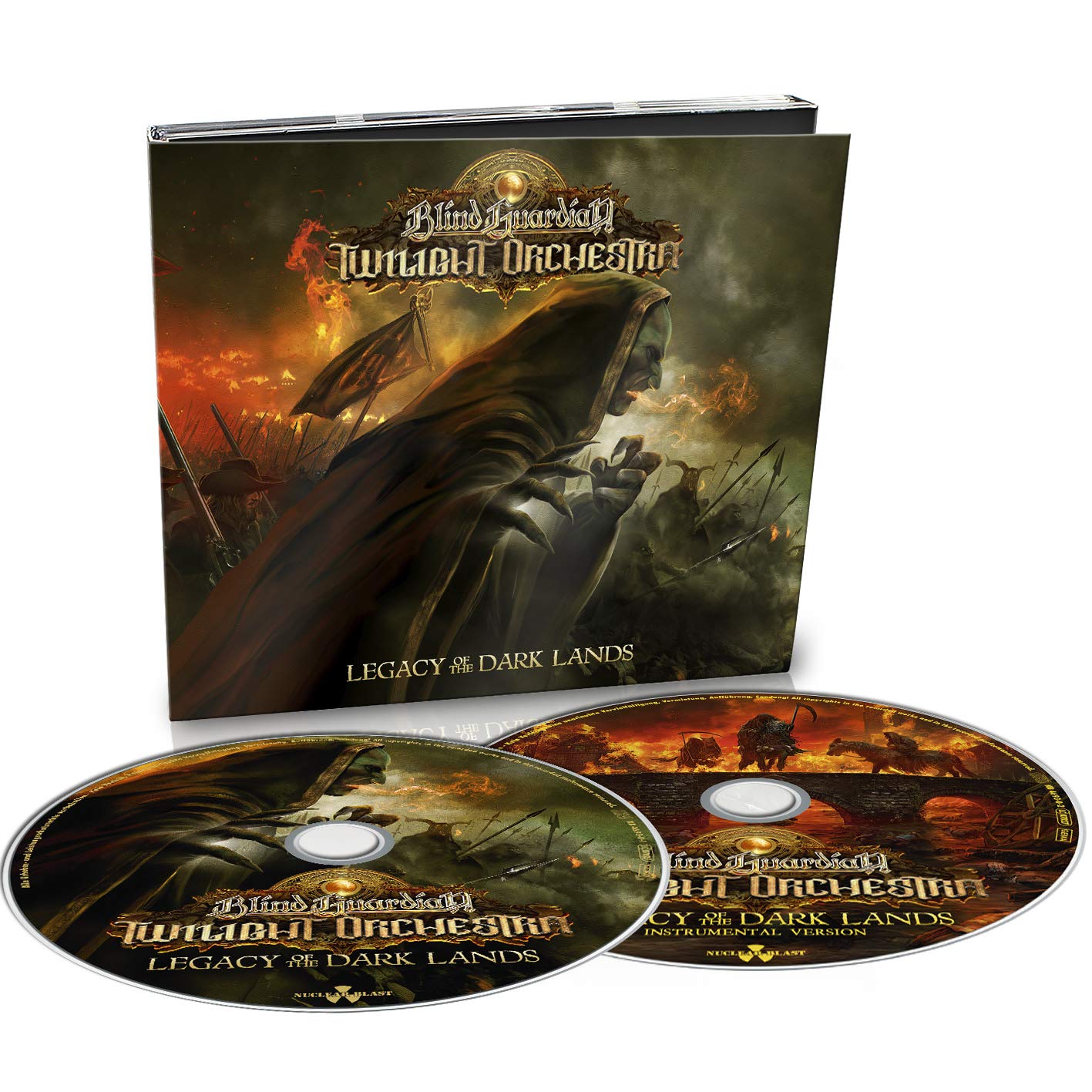 "CD case and two discs with fantasy battle artwork on a white background."