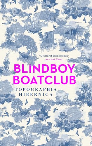 Book cover with repeating blue and white illustrations and pink text.