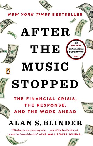 Book cover: “After the Music Stopped” with falling money and author Alan S. Blinder.