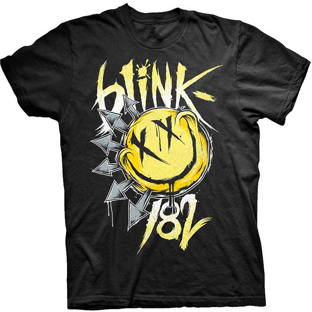 Black Blink-182 t-shirt featuring a yellow smiley face logo and graffiti-style text.