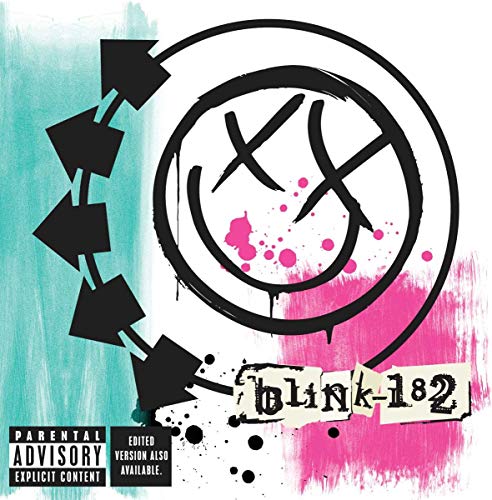 Blink-182 album cover with a smiling face and black arrows.