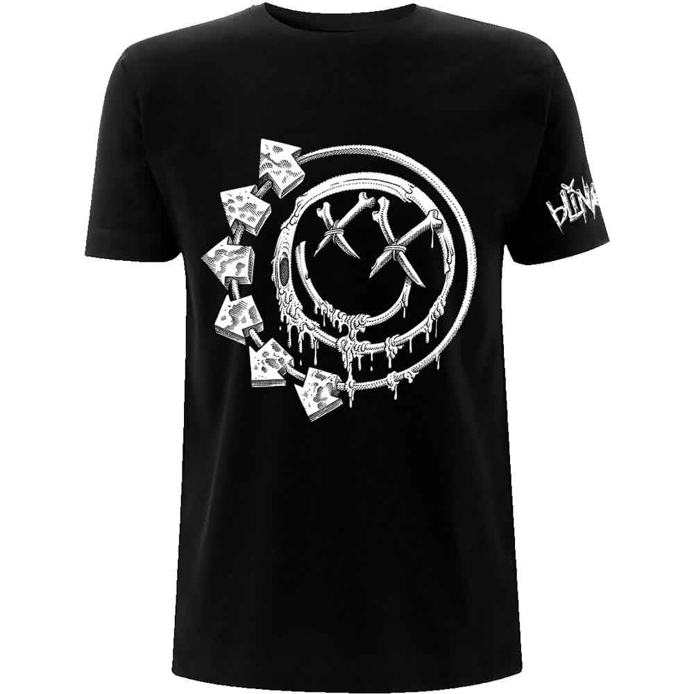 Black Blink-182 t-shirt with white bones and smiley face graphic.