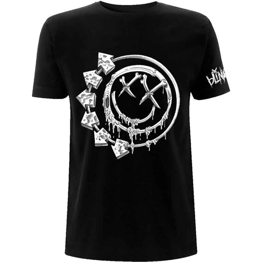 Black Blink-182 t-shirt with white bones and smiley face graphic.