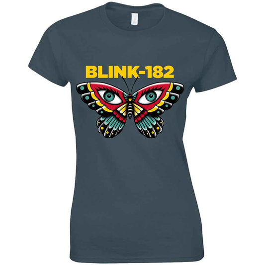 Blue women’s t-shirt with Blink-182 logo and butterfly graphic.