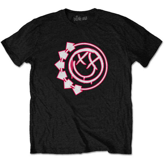 Grey t-shirt with pink Blink-182 smiley face and six arrows design.
