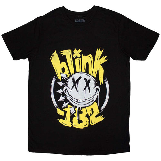 Black women’s Blink-182 t-shirt with yellow smiley face graphic.