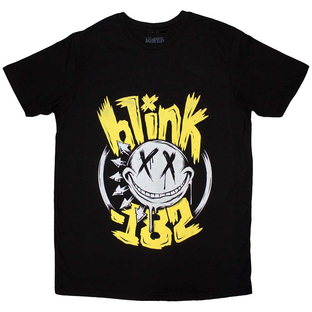 Black women’s Blink-182 t-shirt with yellow smiley face graphic.