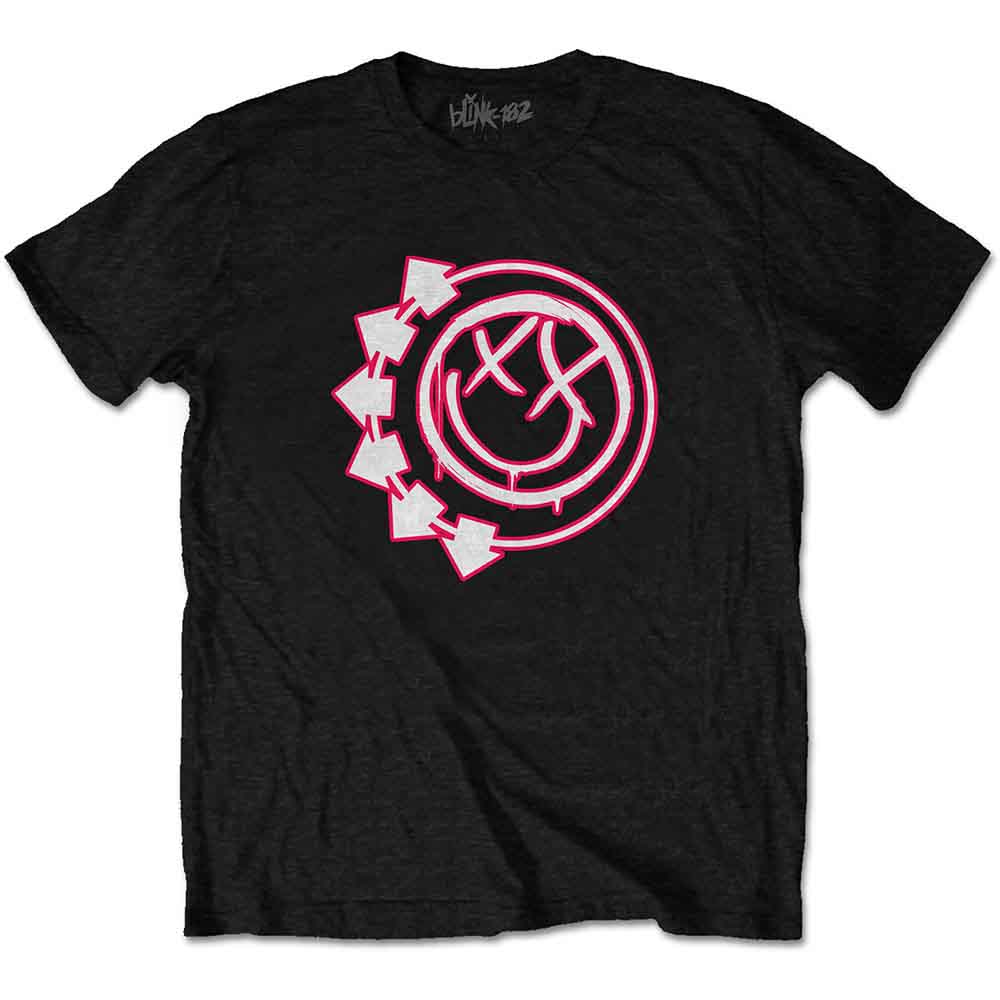 Black Blink-182 t-shirt with a pink six-arrow smiley face design.