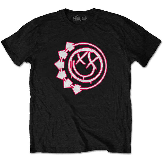 Black Blink-182 t-shirt with a pink six-arrow smiley face design.