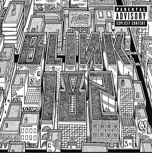 Black and white illustration of buildings spelling "Blink-182" with a parental advisory label.