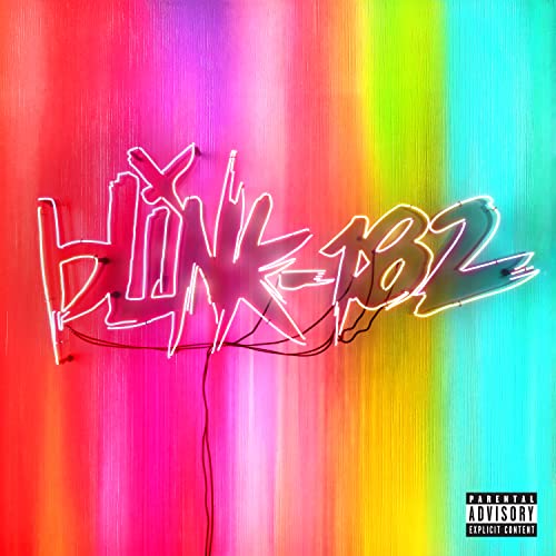 Blink-182 album cover, “Nine,” featuring neon-style lettering on a rainbow gradient.