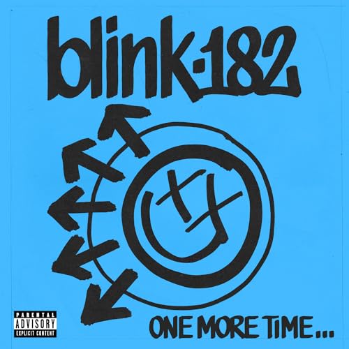 Blink-182 album cover: blue background with black logo and smiley face.